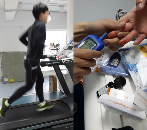 施延昭的实验用跑步机控制受试者的奔跑速度。为了完成口罩测评，研究者的双手为测量血乳酸而被扎过无数次