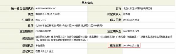 人和足球俱乐部于21日在北京完成注册