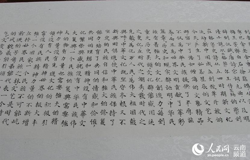 图为邱有明用小楷书写的“习近平总书记在文艺工作座谈会上的重要讲话”局部。(人民网 虎遵会 摄)