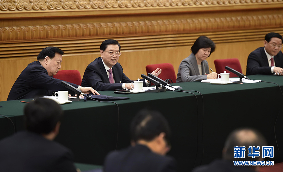 3月5日，中共中央政治局常委、全国人大常委会委员长张德江参加十二届全国人大四次会议浙江代表团的审议。 新华社记者张铎摄