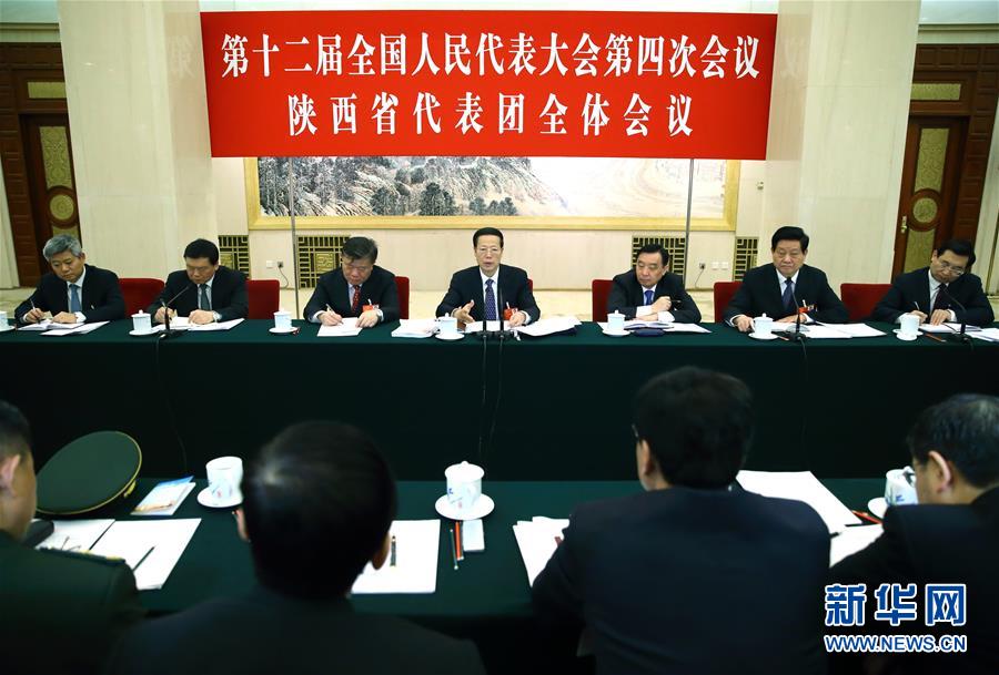 3月11日，中共中央政治局常委、国务院副总理张高丽参加十二届全国人大四次会议陕西代表团的审议。 新华社记者 丁海涛 摄