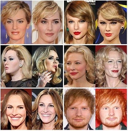 左边从上至下:凯特·温斯莱特、阿黛尔、茱莉亚·罗伯茨、泰勒·斯威夫特、凯特·布兰切特、艾德·希兰 左边从上至下:凯特·温斯莱特、阿黛尔、茱莉亚·罗伯茨、泰勒·斯威夫特、凯特·布兰切特、艾德·希兰