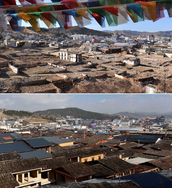 拼版照片：上图为2014年3月10日拍摄的独克宗古城内建筑在遭遇火灾后的情景；下图为2016年3月22日拍摄的恢复重建后的独克宗古城。 新华社记者 蔺以光 摄