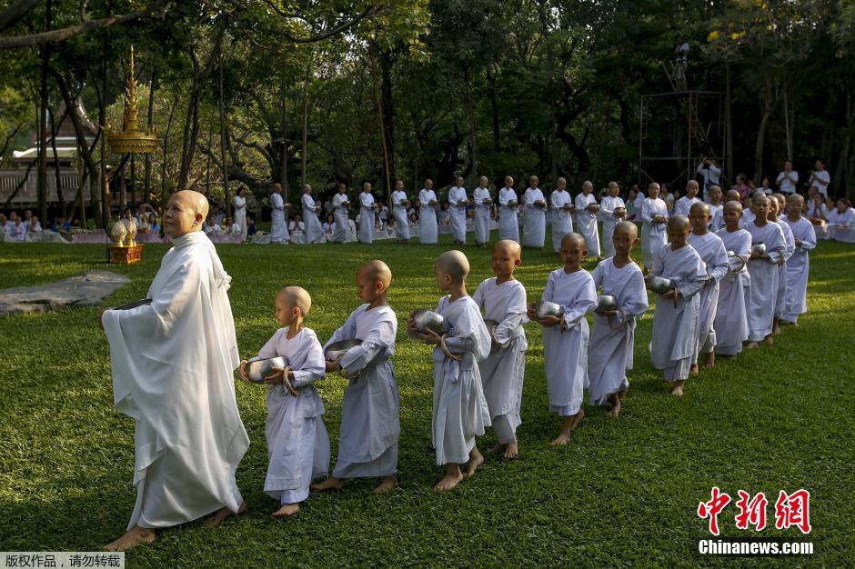 泰国迎宋干节 小比丘尼跟师傅身后化斋萌萌哒