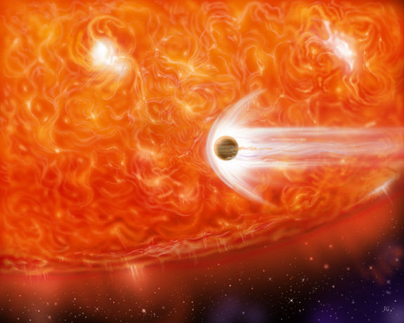 艺术示意图：当恒星膨胀为一颗红巨星时吞噬旁边的一颗气态巨行星。太阳也是一样，当太阳成为红巨星时，其体积将大大膨胀，将水星、金星和地球吞入其中彻底摧毁