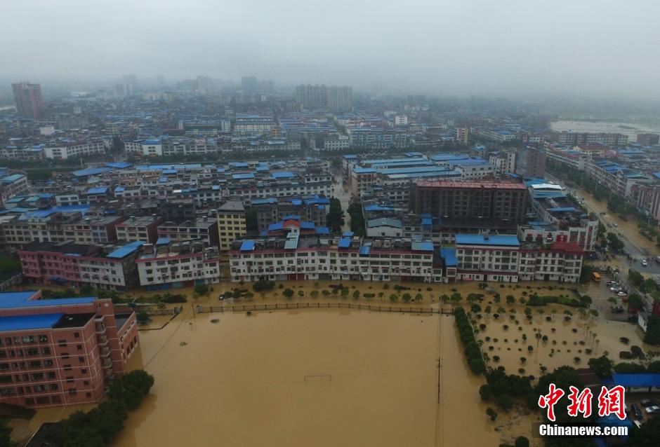 湖南道县大暴雨致内涝严重 民众街道捕鱼