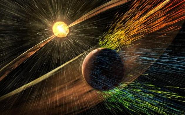 太阳风冲击火星的艺术想象图