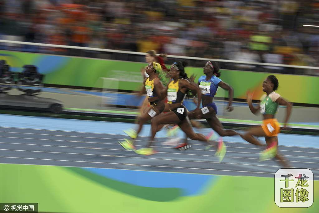 2016年8月13日，巴西里约热内卢，2016里约奥运会女子100米决赛，牙买加选手汤普森夺冠，弗雷泽第三。千龙网发