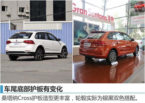 外观方面,桑塔纳Cross与桑塔纳 浩纳整体区别不大,进气格栅采用了半隐藏式蜂窝状设计,下方保险杠取消了镀铬条并且被分为上下两层;尾部仅在底部护板处有细微改变;轮毂造型差异较大,Cross版实际采用银黑双色轮毂。