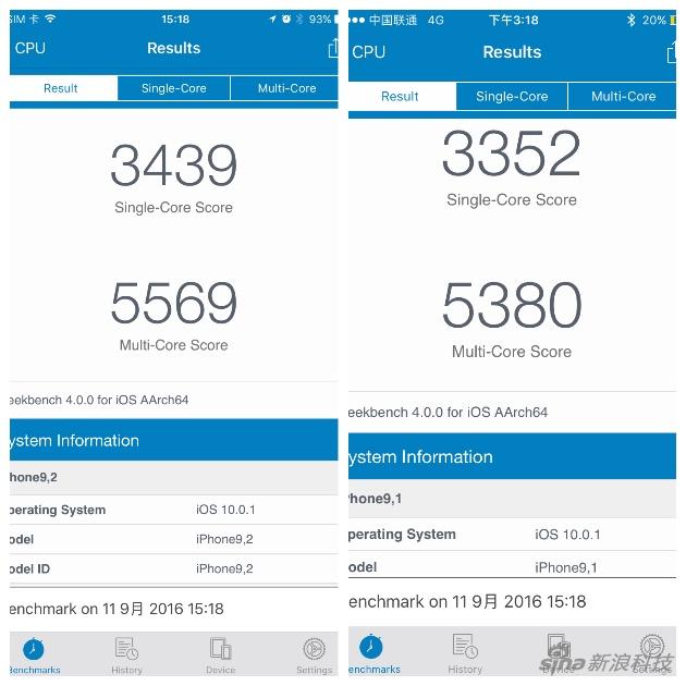 iPhone7（左），iPhone 7 Plus（右）跑分对比