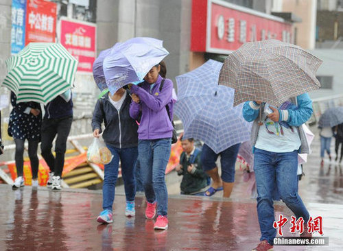台风将雨伞吹的有些变形，市民行走艰难。张瑶 摄