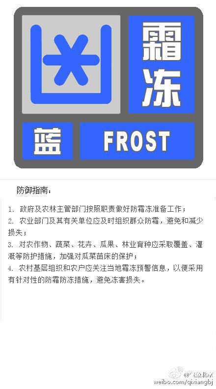 气象台发布霜冻蓝色预警信号