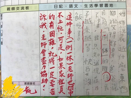 小学三年级学生的日记，写到一例一休让家里快没饭吃了。来源：台湾联合新闻网