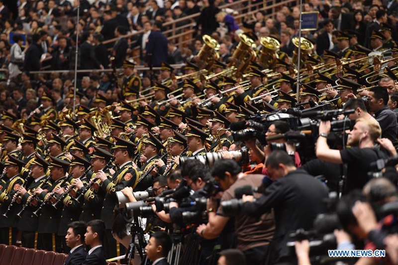 The military band of Chinese People's Liberation Army performs during the opening meeting of the fifth session of China's 12th National People's Congress (NPC) in Beijing, capital of China, March 5, 2017. (Xinhua/Yang Zongyou) 