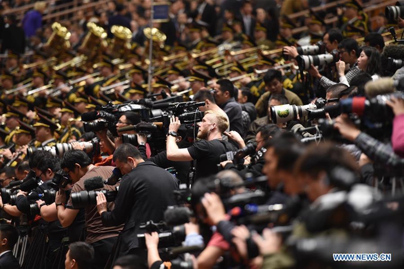 The military band of Chinese People's Liberation Army performs during the opening meeting of the fifth session of China's 12th National People's Congress (NPC) in Beijing, capital of China, March 5, 2017. (Xinhua/Yang Zongyou) 