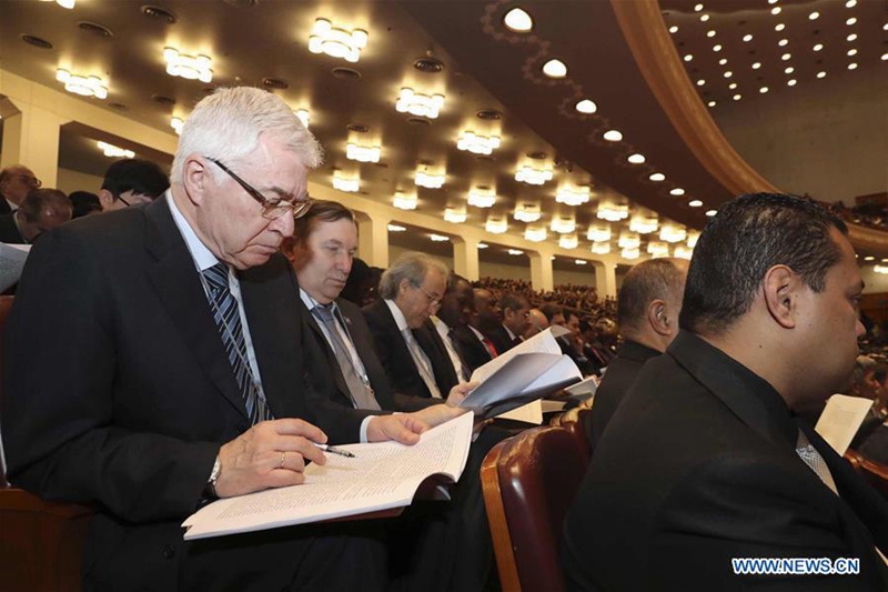 Foreign ambassadors and diplomats attend the fifth session of the 12th National People's Congress at the Great Hall of the People in Beijing, capital of China, March 5, 2017. (Xinhua/Ding Lin) 