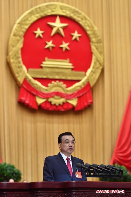 Chinese Premier Li Keqiang delivers a government work report during the opening meeting of the fifth session of China's 12th National People's Congress (NPC) in Beijing, capital of China, March 5, 2017. (Xinhua/Li Tao)