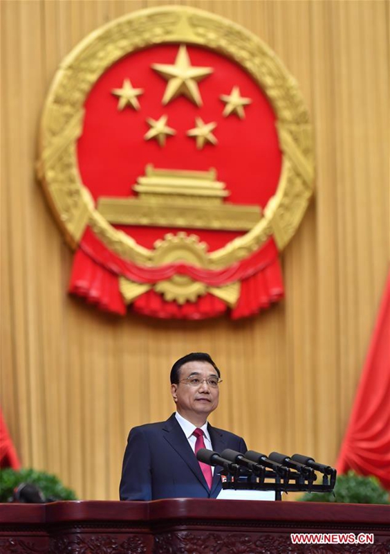 Chinese Premier Li Keqiang delivers a government work report during the opening meeting of the fifth session of China's 12th National People's Congress (NPC) in Beijing, capital of China, March 5, 2017. (Xinhua/Li Tao)
