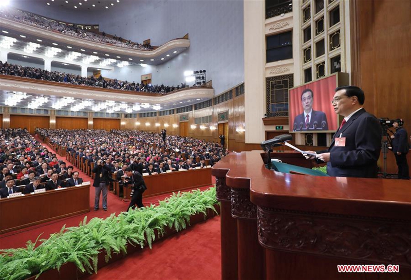 Chinese Premier Li Keqiang delivers a government work report during the opening meeting of the fifth session of China's 12th National People's Congress (NPC) in Beijing, capital of China, March 5, 2017. (Xinhua/Lan Hongguang)