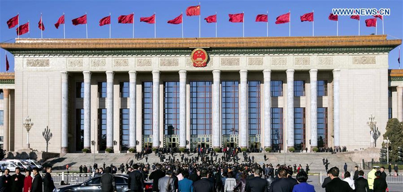 Photo taken on March 12, 2017 shows the Great Hall of the People in Beijing, capital of China. The third plenary meeting of the fifth session of the 12th National People's Congress opened in Beijing on Sunday. (Xinhua/Fei Maohua)