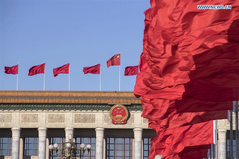 Photo taken on March 12, 2017 shows red flags at the Tian'anmen Square in Beijing, capital of China. The third plenary meeting of the fifth session of the 12th National People's Congress opened in Beijing on Sunday. (Xinhua/Fei Maohua)
