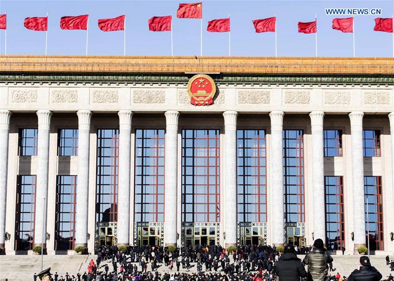 Photo taken on March 12, 2017 shows the Great Hall of the People in Beijing, capital of China. The third plenary meeting of the fifth session of the 12th National People's Congress opened in Beijing on Sunday. (Xinhua/Fei Maohua)