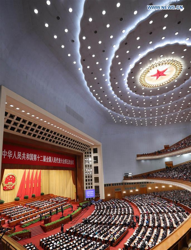 The third plenary meeting of the fifth session of the 12th National People's Congress is held at the Great Hall of the People in Beijing, capital of China, March 12, 2017. (Xinhua/Pang Xinglei)
