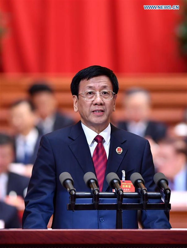 Procurator-General Cao Jianming delivers a work report of the Supreme People's Procuratorate (SPP) during the third plenary meeting of the fifth session of China's 12th National People's Congress at the Great Hall of the People in Beijing, capital of China, March 12, 2017. (Xinhua/Li Tao)