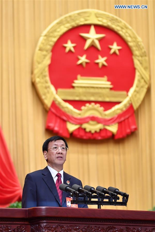 Procurator-General Cao Jianming delivers a work report of the Supreme People's Procuratorate (SPP) during the third plenary meeting of the fifth session of China's 12th National People's Congress at the Great Hall of the People in Beijing, capital of China, March 12, 2017. (Xinhua/Li Tao)