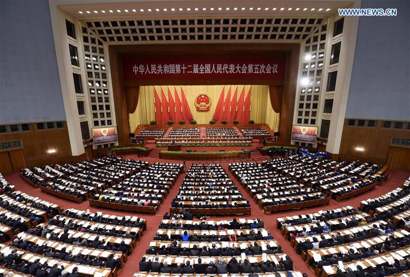 The third plenary meeting of the fifth session of the 12th National People's Congress is held at the Great Hall of the People in Beijing, capital of China, March 12, 2017. (Xinhua/Yan Yan)