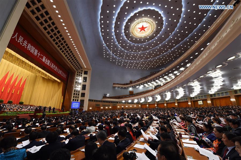 The third plenary meeting of the fifth session of the 12th National People's Congress is held at the Great Hall of the People in Beijing, capital of China, March 12, 2017. (Xinhua/Yang Zongyou)