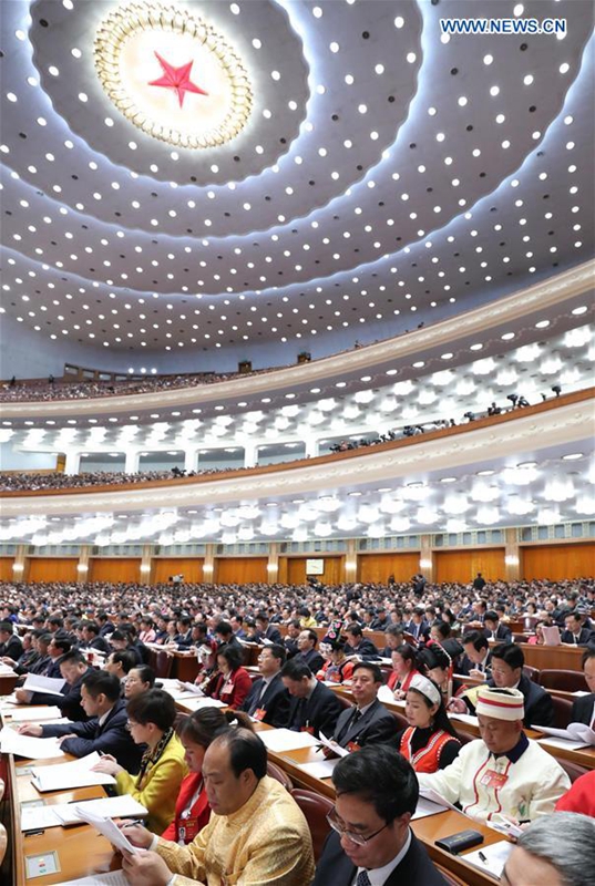 The third plenary meeting of the fifth session of the 12th National People's Congress is held at the Great Hall of the People in Beijing, capital of China, March 12, 2017. (Xinhua/Ma Zhancheng)
