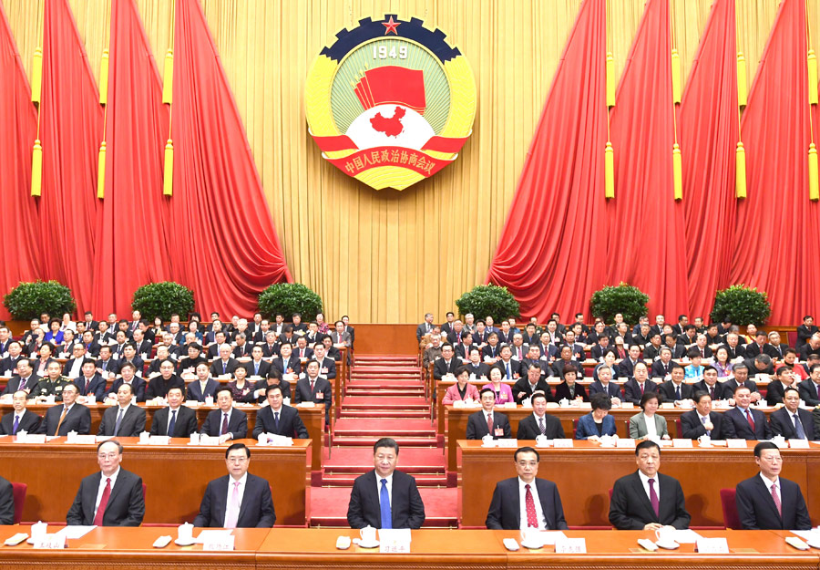 3月13日，中国人民政治协商会议第十二届全国委员会第五次会议在北京闭幕。这是习近平、李克强、张德江、刘云山、王岐山、张高丽等在主席台就座。新华社记者 李学仁 摄