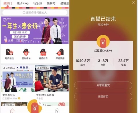 据红豆live数据统计,直播当晚在线参与人数达到1040万,直播结束12