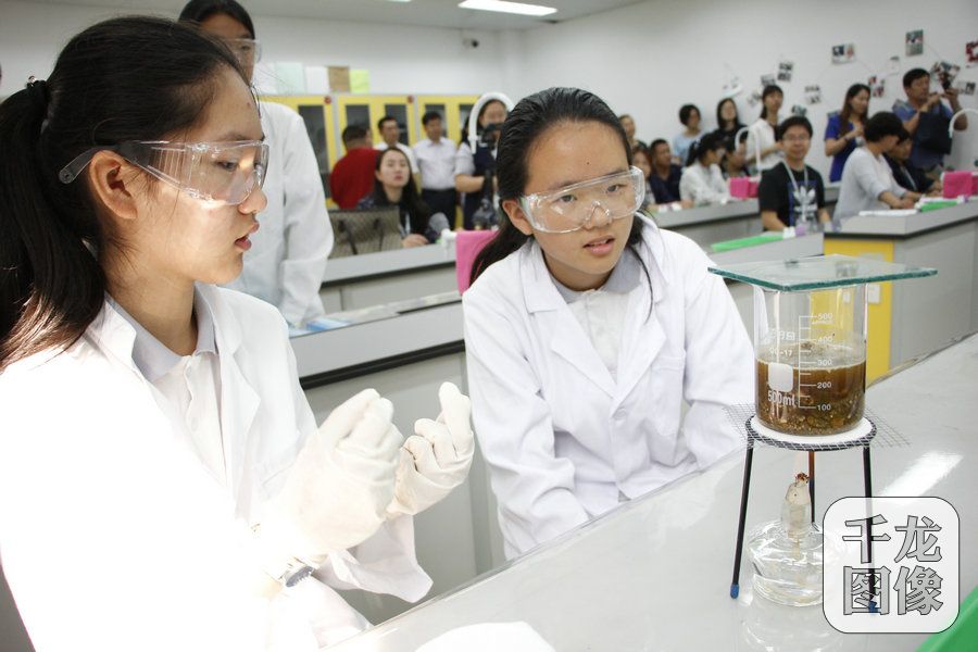 孩子在用自己学校百草园里的中草药在作实验