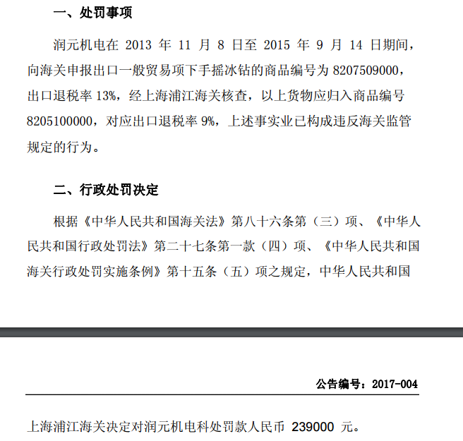子公司违反海关监管规定 润元户外被海关罚款