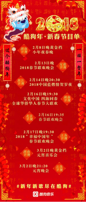 2018卫视春晚看点曝光 新年新歌尽在酷狗音乐