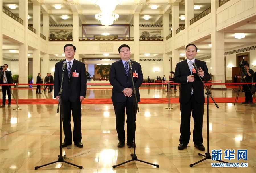 　　3月20日，十三届全国人大一次会议在北京人民大会堂举行闭幕会。这是全国人大代表李书福（右）、肖伟（中）、杨伟（左）在“代表通道”接受采访。新华社记者 金立旺 摄