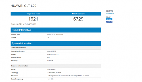 日前，代号为CLT-L29的华为新机现身Geek Bench网站，而这款手机不出意外就是P20 Pro。华为P20与去年底的Mate 10一样，均采用了麒麟970处理器，配合6GB内存，单核跑分为1921，多核成绩则为6792，整体调教比Mate 10更好。
