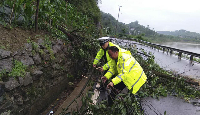 杨雪峰和同事一起排除道路险情