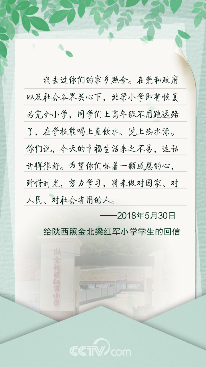 　　给陕西照金北梁红军小学学生的回信 　　我去过你们的家乡照金。在党和政府以及社会各界关心下，北梁小学即将恢复为完全小学，同学们上高年级不用跑远路了，在学校能喝上直饮水、洗上热水澡。你们说，今天的幸福生活来之不易，这话讲得很好。希望你们怀着一颗感恩的心，珍惜时光，努力学习，将来做对国家、对人民、对社会有用的人。 　　——2018年5月30日