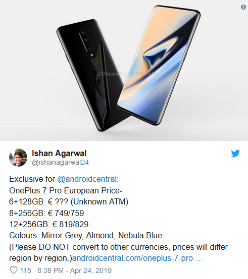 一加7 Pro欧洲售价曝光 定制屏幕/皇帝版售价超6000元