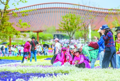 5月11日，北京世园会园区内百花绽放，景色绚丽，芳香扑鼻。大批中外游客来到园区内赏景留影，感受园艺之美，享受美好自然。