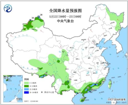 全国降水量预报图(5月22日08时-23日08时) 全国降水量预报图(5月22日08时-23日08时)