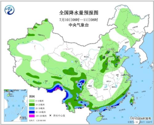 全国降水量预报图(7月10日08时-11日08时) 点击进入下一页