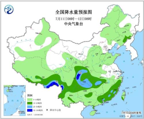 全国降水量预报图(7月11日08时-12日08时) 点击进入下一页