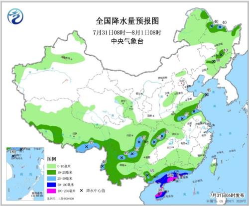 全国降水量预报图(7月31日8时-8月1日8时)