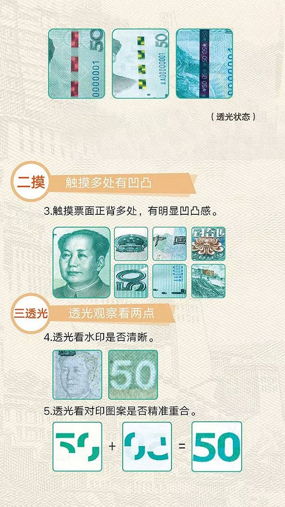 2019年版第五套人民币识别三招：一转二摸三透光