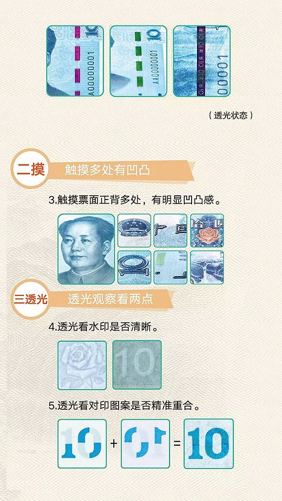 2019年版第五套人民币识别三招：一转二摸三透光