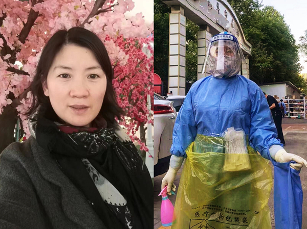 左图为生活中的聂理会;右图为志愿服务期间,为提高入户采样效率,聂理会腰里缠着咽拭子和垃圾袋,左胳膊挎着蓝色袋子放消毒后的采样管。受访者供图 左图为生活中的聂理会;右图为志愿服务期间,为提高入户采样效率,聂理会腰里缠着咽拭子和垃圾袋,左胳膊挎着蓝色袋子放消毒后的采样管。受访者供图